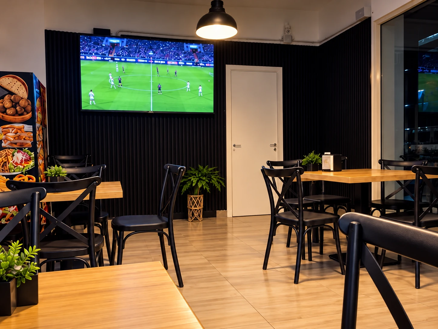 La sala di King Kebab Li Punti con tavoli e schermo TV